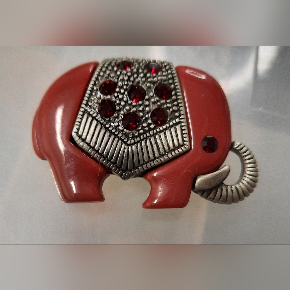Red Elephant Brooch with Silver Accents